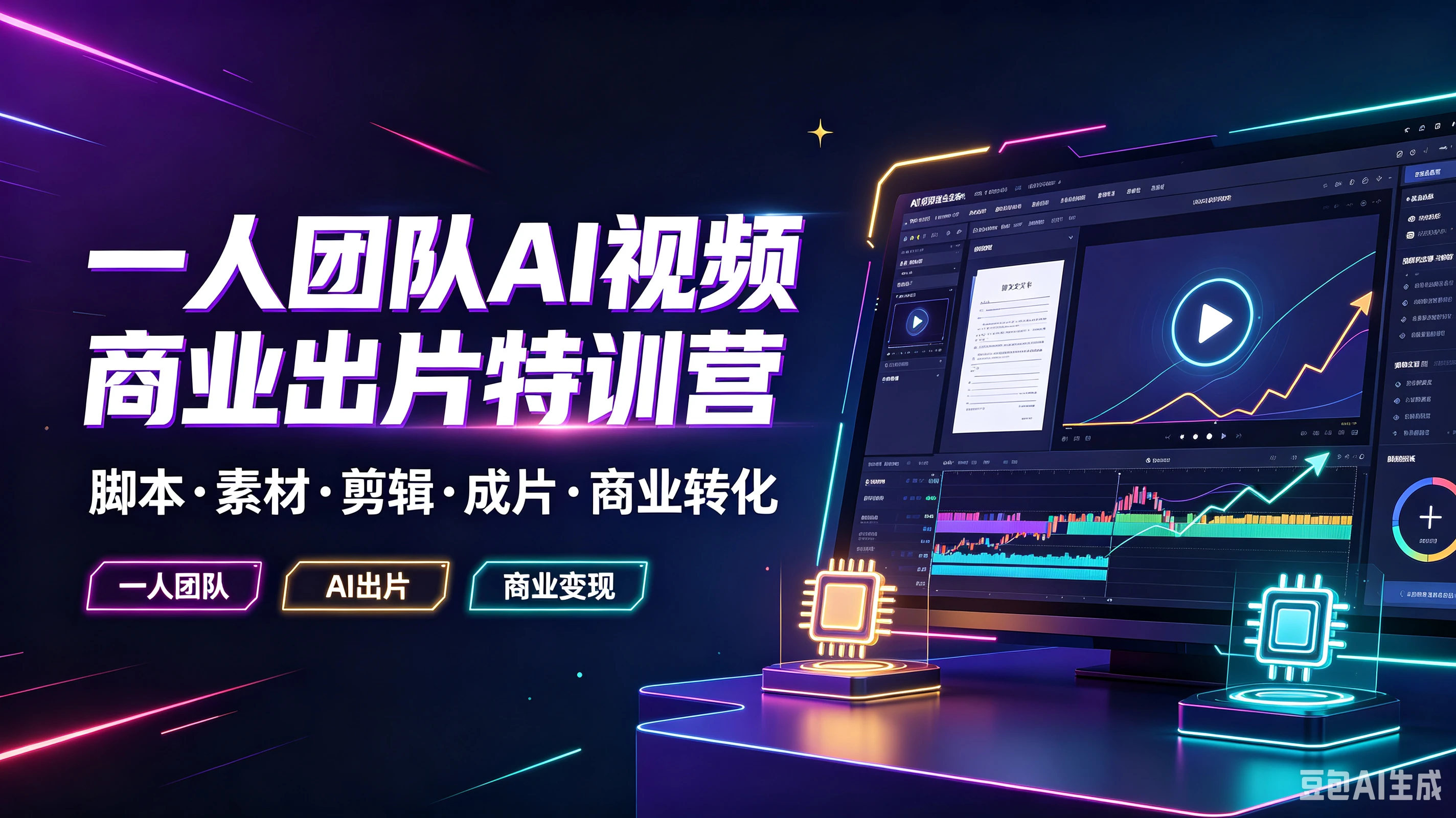 【精】一人团队AI视频商业出片特训营，脚本·素材·剪辑·成片·商业转化，一人团队、Al出片、商业变现