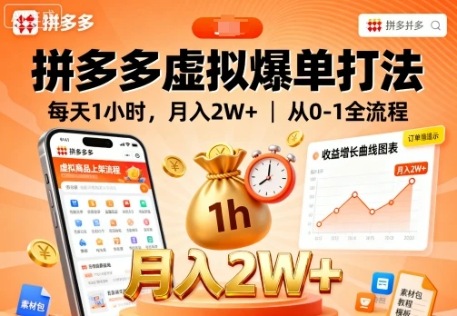 拼多多虚拟爆单打法，每天1小时，月入2W+，从0-1全流程