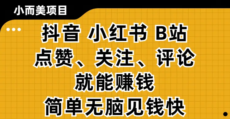 小而美的项目,抖音、小红书、B站视频点赞、关注、评论就能赚钱,简单无脑立见收益!妥妥的零撸项目 小而美的项目,抖音、小红书、B站视频点赞、关注、评论就能赚钱,简单无脑立见收益!妥妥的零撸项目