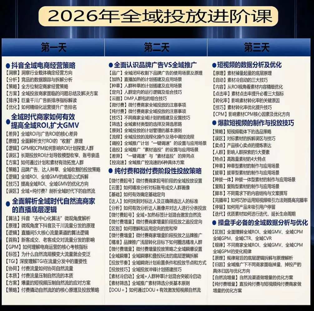 【精】千川扫地僧2026抖音全域投放进阶课,少走弯路·快速起量·掌控增长,6月12-14号杭州线下课(26年7月更新) 【精】千川扫地僧2026抖音全域投放进阶课,少走弯路·快速起量·掌控增长,6月12-14号杭州线下课(26年7月更新)