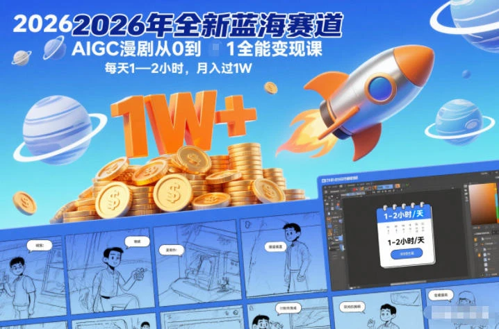 【精】2026年全新蓝海赛道AIGC漫剧从0到1全能变现课，每天1—2小时，月入过1W